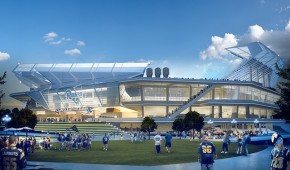 New Rams Stadium : Entrée sud avec la plaza - crédit HOK