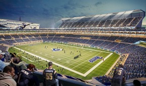 New Rams Stadium : Vue de la pelouse, par le nord - crédit HOK